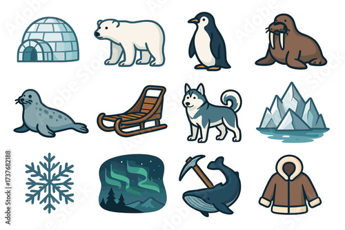 Cartoon arctic animals and icons: polar bear, penguin, walrus, igloo, husky, and northern lights