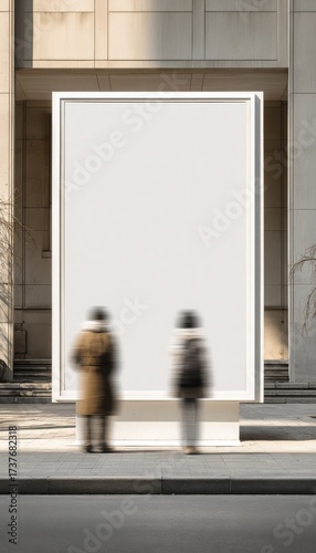 Realistic outdoor advertising mockup of a blank vertical light box sign on a city street with motion-blurred people.