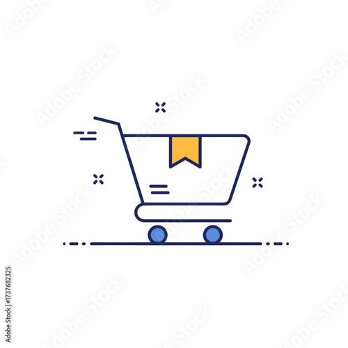 Minimalist shopping cart icon with a yellow tag on white background  
