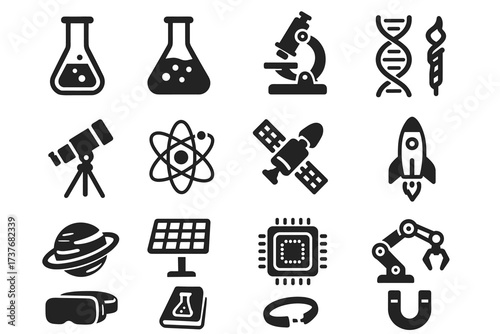 Science and technology icon set featuring lab equipment and space exploration symbols