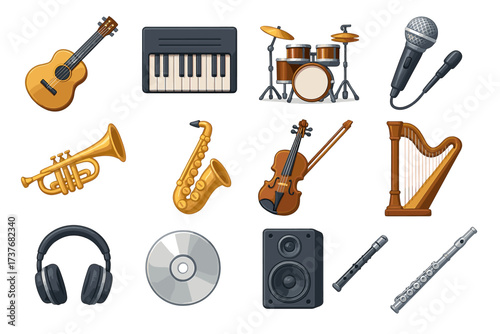 Collection of musical instruments including guitar, drums, microphone, violin, and more