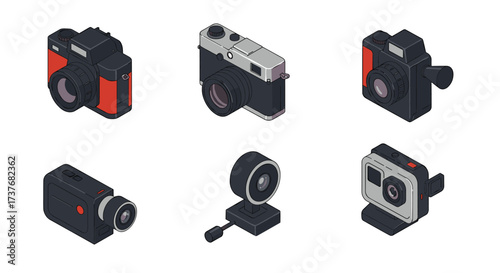 Isometric camera designs featuring vintage and modern styles