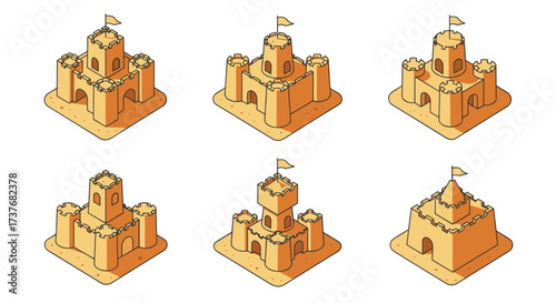 Set of isometric sandcastles with flags on white background