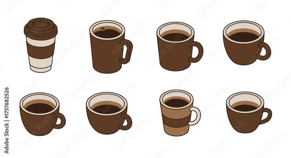 Obraz premium Assorted coffee cups with different designs and styles on white background