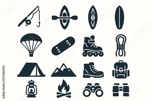 Outdoor adventure icons: kayak, backpack, mountain, parachute, campfire, binoculars