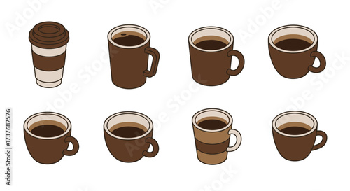 Assorted coffee cups with different designs and styles on white background