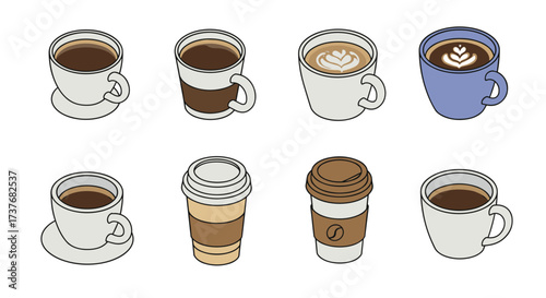 Assorted coffee cups in modern flat style