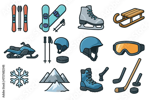 Winter sports equipment collection: skis, snowboard, ice skates, sled, snowmobile, helmets, mountains