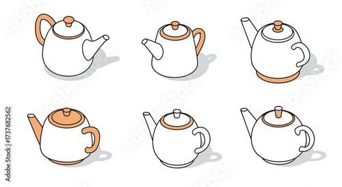 Minimalist isometric teapot set with different handle styles and colors