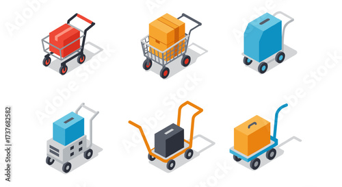 Isometric shopping carts and hand trucks with boxes for e-commerce and delivery icons