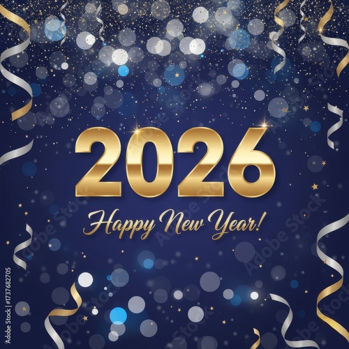 A festive Happy New Year 2026 greeting card. Gold and silver confetti and streamers fall on a dark blue background, creating a celebratory and elegant design.