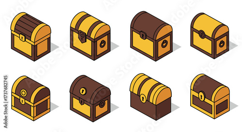 Set of isometric treasure chests in various designs and colors