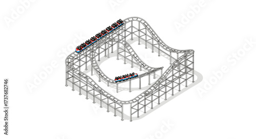 Isometric roller coaster with thrilled riders on metal tracks