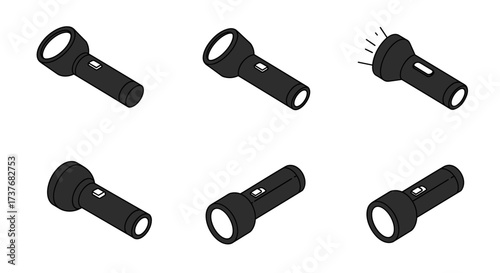 Set of isometric flashlight icons in various poses and states