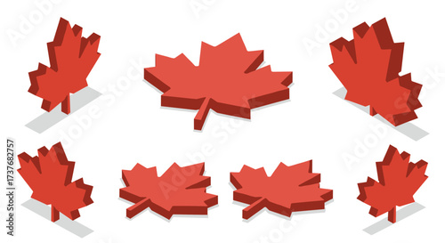 Isometric red maple leaves with shadows on white background