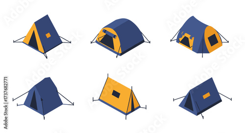 Isometric collection of blue and yellow camping tents in various styles