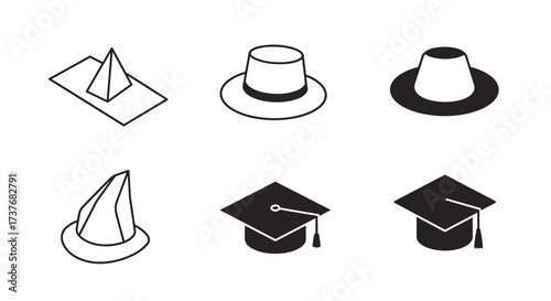 Black and white hat designs featuring graduation and witch styles