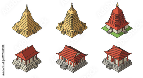 Isometric pagodas and temples set in asian architecture style