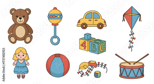 Collection of Cute Cartoon Toys for Children Teddy Bear Doll Car Kite Drum Ball Blocks Rattle