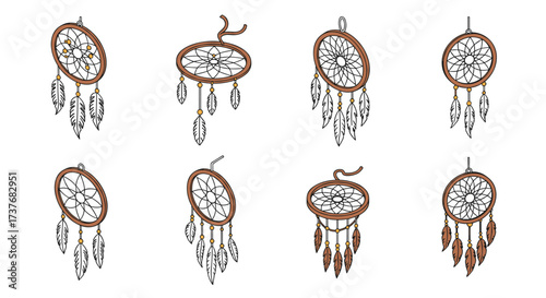 Variety of hand-drawn dreamcatchers with feathers and beads in linear style