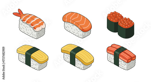 Assorted traditional sushi set on white background in flat design style