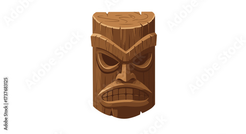 Wooden tiki mask with carved details on white background