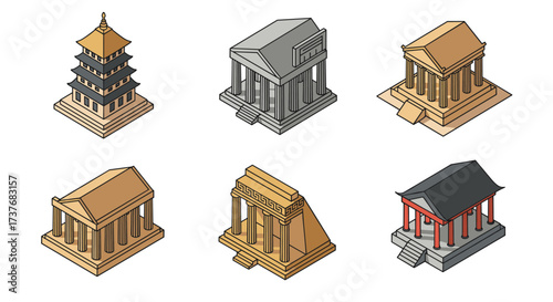 Isometric ancient architecture: diverse historical temple designs