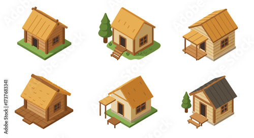Charming isometric wooden cabins set with various roof designs and cozy outdoor spaces