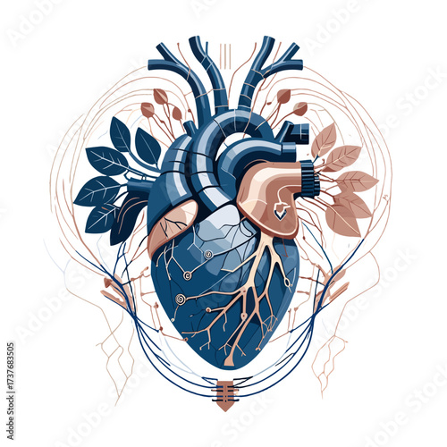 Stylized heart illustration in blue and copper with botanical elements, symbolizing health and vitality
