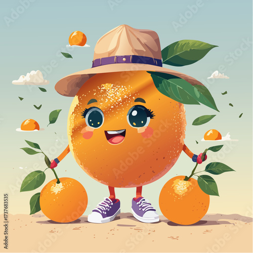A cheerfully illustrated anthropomorphic orange character with wide, joyful eyes, sporting a stylish hat and purple sneakers, happily presents smaller oranges in a vibrant, sunny outdoor setting