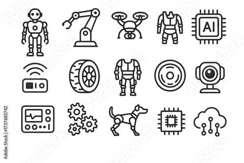 Icons of robotics and ai: robot, drone, arm, processor, dog