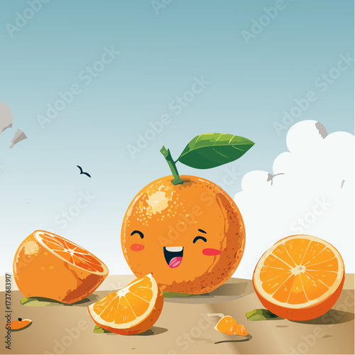 Cheerful anthropomorphic oranges with delightful peel skin texture frolic in a vibrant, sun-drenched citrus grove, radiating whimsical joy under a bright blue sky
