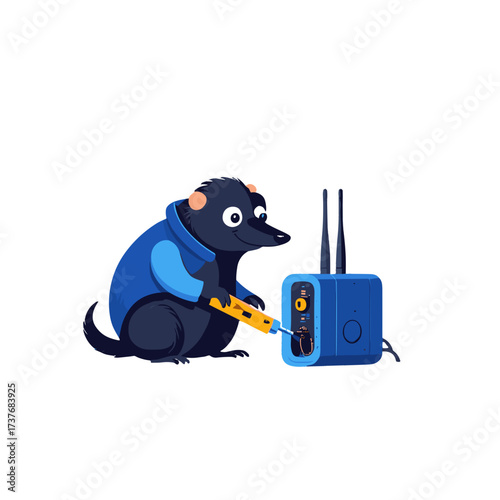 illustration of a cartoon dog fixing a device with tools, showcasing creativity and playfulness