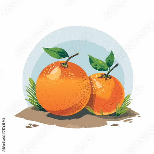 Two sun-drenched vibrant oranges, freshly picked with green leaves, resting on earthy ground, symbolizing healthy eating and a burst of natural flavor, rendered in an inviting illustrative style