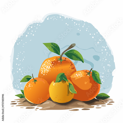 A whimsical illustration of freshly picked citrus fruits, including vibrant oranges and a bright tangerine, showcasing their natural peel texture against a soft, dreamy backdrop