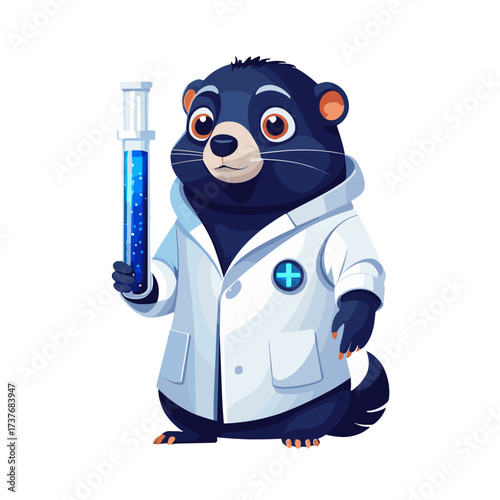 Cute raccoon scientist in a lab coat holding a test tube with blue liquid, representing innovation and research
