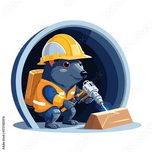 Hardworking hedgehog in a helmet and safety vest using a welding tool, representing craftsmanship and industriousness
