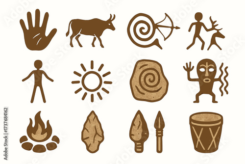 Primitive cave art illustrations with tribal symbols and hunting scenes