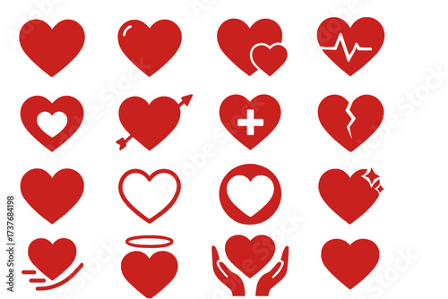 Set of 15 varied red heart icons with medical and romantic themes