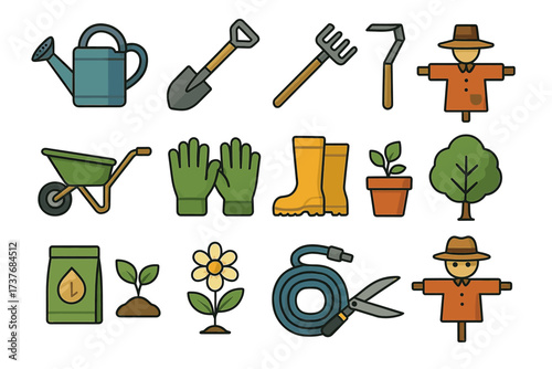 Colorful garden tool and plant icons collection with scarecrows and seedlings