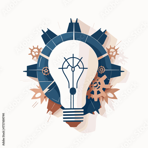 Stylized light bulb illustration with gears, modern design, blue and beige color palette, innovation concept, copy space

