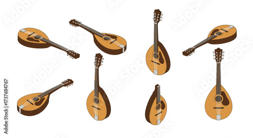 Various angles of a mandolin in 3d isometric style on white background
