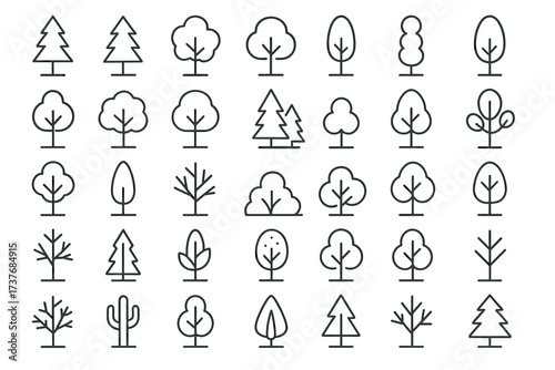 Collection of minimalist tree outlines in various geometric shapes and designs