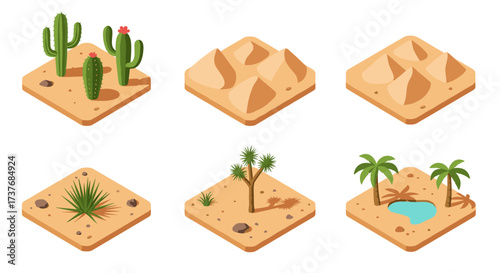 Isometric desert landscapes with cacti, sand dunes, and oasis elements