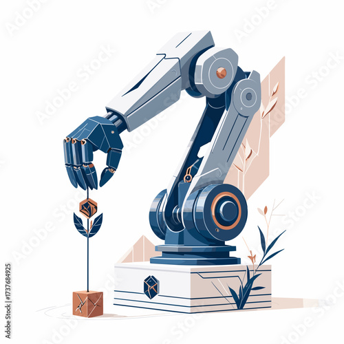 Robotic arm nurturing a plant, modern illustration, blue and beige color scheme, futuristic design, copy space