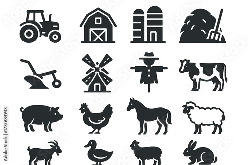 Farm icon set: tractor, barn, animals, and tools in silhouette style