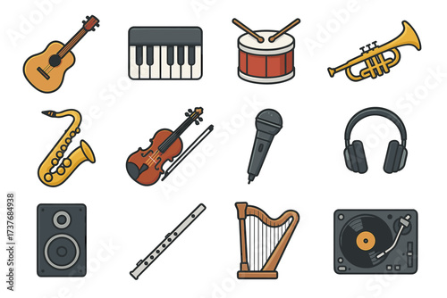 Collection of musical instruments: guitar, piano, drums, trumpet, saxophone, violin, microphone, headphones, speaker, flute, harp, turntable