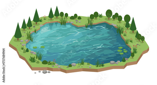 Isometric tranquil lake scene with trees and rocks in flat style