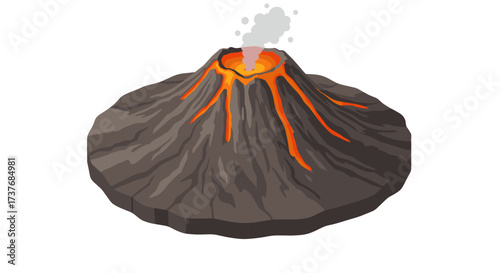 Erupting volcano with lava flow and smoke in flat design