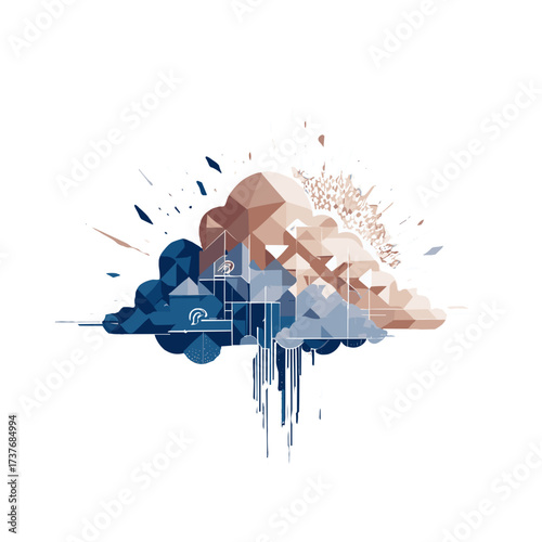 Abstract geometric cloud illustration, modern design, blue and brown color palette, artistic background, copy space